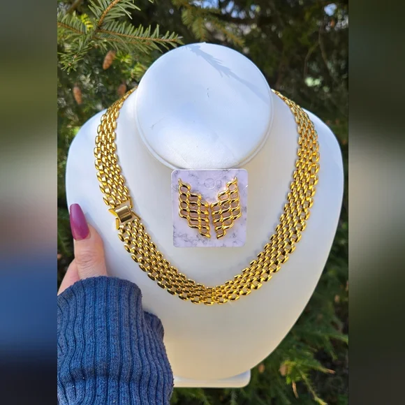 Vintage Premier Designs Panther Link Collar Necklace Gold Tone / Avon Eartings - Picture 14 of 16